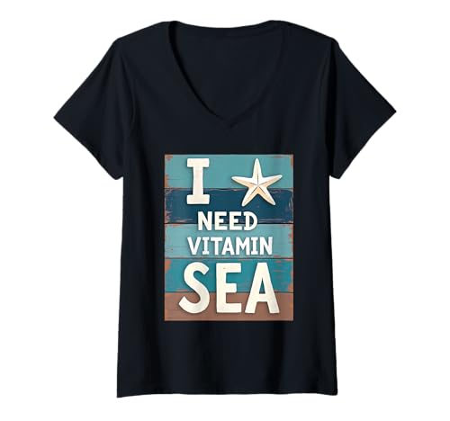 Damen I Need Vitamin Sea Lustiger Strand Ozean Urlaub Spruch T-Shirt mit V-Ausschnitt Damen I Need Vitamin Sea Lustiger Strand Ozean Urlaub Spruch T-Shirt mit V-Ausschnitt von Ocean Vibes Collective