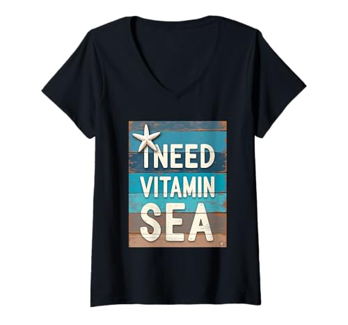 Damen I Need Vitamin Sea Lustiger Strand Ozean Urlaub Spruch T-Shirt mit V-Ausschnitt Damen I Need Vitamin Sea Lustiger Strand Ozean Urlaub Spruch T-Shirt mit V-Ausschnitt von Ocean Vibes Collective
