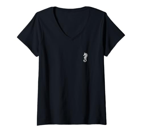 Damen Detaillierte Seepferdchen-Silhouette für Ozeanliebhaber T-Shirt mit V-Ausschnitt von Ocean Vibes