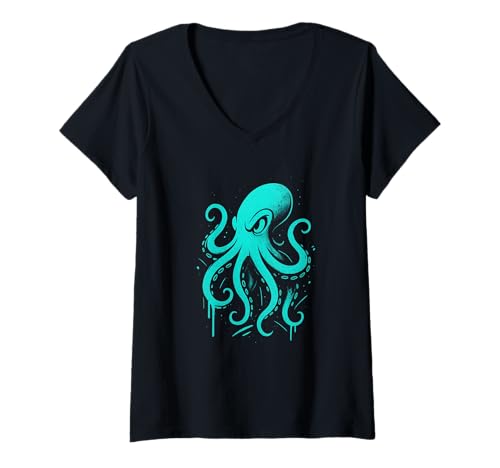 Damen Graffiti-Kraken-Illustration T-Shirt mit V-Ausschnitt Damen Graffiti-Kraken-Illustration T-Shirt mit V-Ausschnitt von Ocean Walls