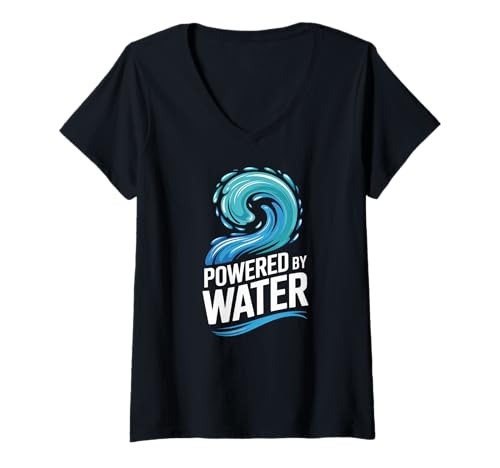 Damen Powered by Water Ocean Waves Surf-Thema T-Shirt mit V-Ausschnitt von Ocean Waves Surfing Sea Adventure Lovers