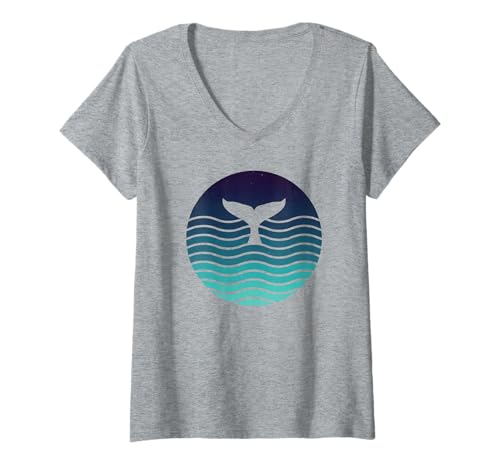 Damen Retro Walschwanz Ocean Wave Grafik Sommer Meeresleben Küste T-Shirt mit V-Ausschnitt von Ocean Wildlife Whale Tail Retro Marine Graphic Tee
