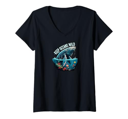 Damen Keep Oceans Wild Whale Conservation Marine Life Design T-Shirt mit V-Ausschnitt von Ocean Wilds Life Advocates