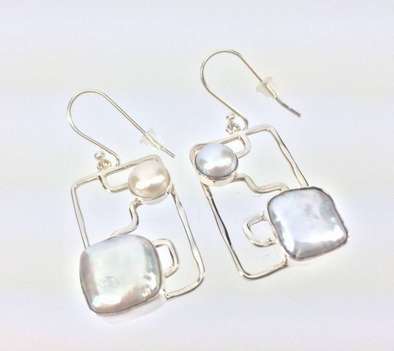 Perlen Ohrringe // 925 Sterling Silber Echte Südsee Perle Rechteck Form von OceanGemsCo