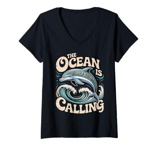 Damen The Ocean is Calling Dolphin Grafik für Meeresliebhaber T-Shirt mit V-Ausschnitt Damen The Ocean is Calling Dolphin Grafik für Meeresliebhaber T-Shirt mit V-Ausschnitt von Oceanic Bliss Apparel For Ocean Animals