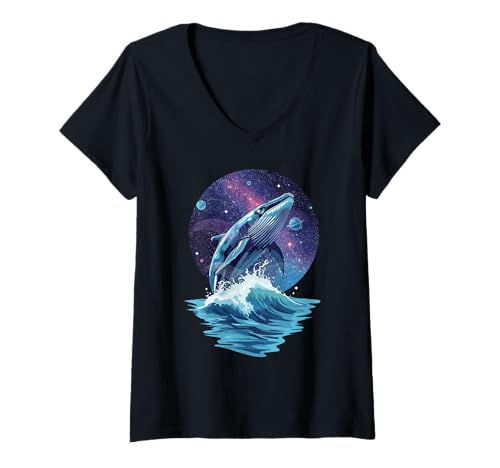 Damen Kosmischer Walschwanz, Ozean, endloser Galaxie-Traum T-Shirt mit V-Ausschnitt Damen Kosmischer Walschwanz, Ozean, endloser Galaxie-Traum T-Shirt mit V-Ausschnitt von Oceanic Cosmos Surreal Whale Jump