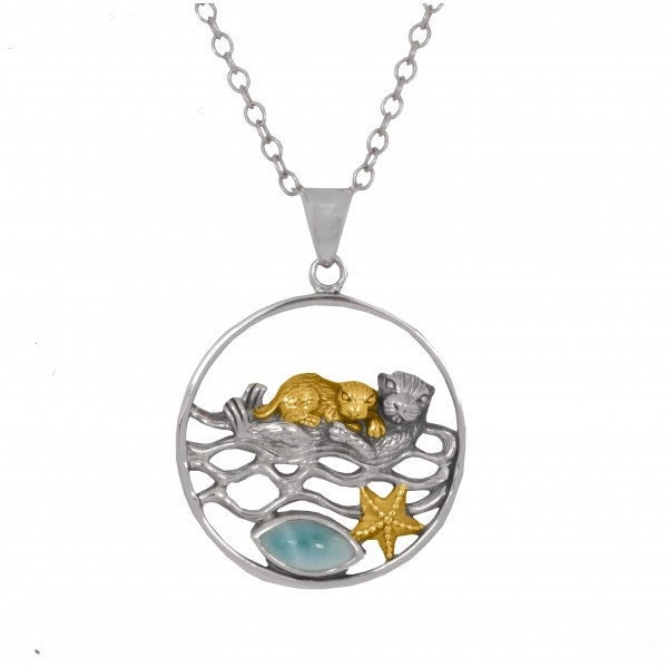 Seeotter Larimar Halskette - Mutter Otter Mit 18K Vergoldeten Baby Otter Silber Anhänger Nautik- Und Strandschmuck Aaaa von OceanoAzure