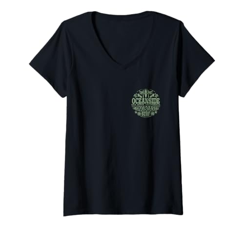 Damen 2-seitiger Vintage Oceanside California Longboard Surfen T-Shirt mit V-Ausschnitt Damen 2-seitiger Vintage Oceanside California Longboard Surfen T-Shirt mit V-Ausschnitt von Oceanside San Diego California Surfing Style