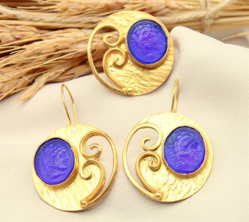 Intaglio Blau Glas 925 Sterling Silber Set von OceansilverArt