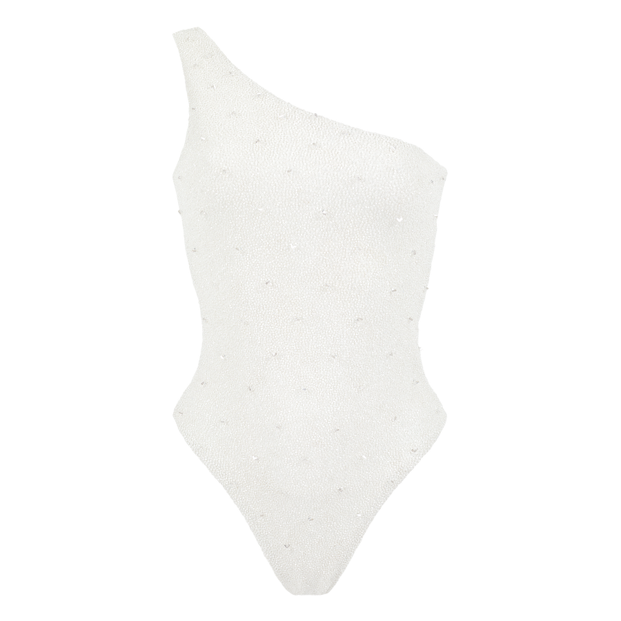 Ariel One Shoulder White Beaded Swimsuit von Oceanus Swimwear