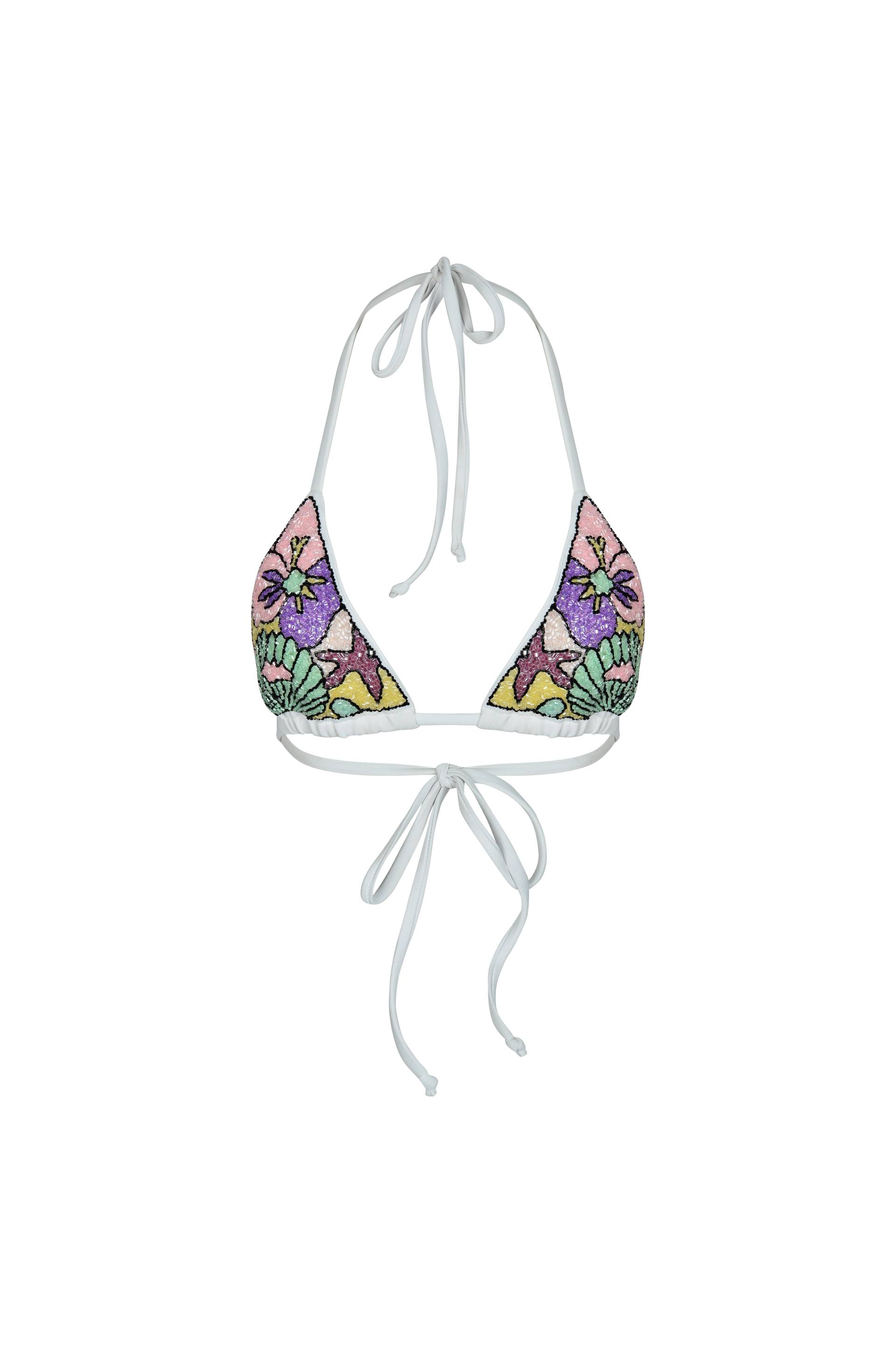 Talia Hand Embroidered White Base Bikini Top von Oceanus Swimwear
