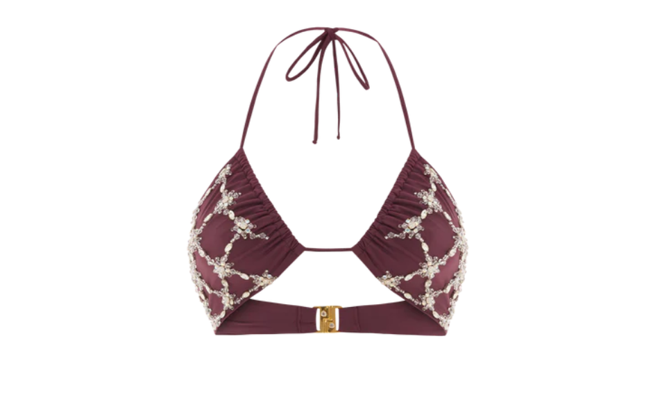 Violet Halter Hand Embroidered Plum Bikini Top von Oceanus Swimwear