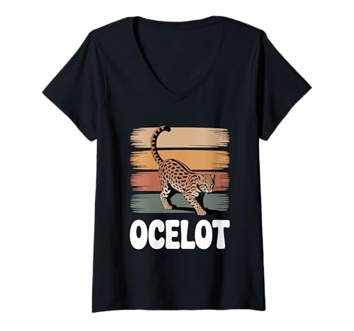 Damen Retro Vintage Ocelot Ocelots T-Shirt mit V-Ausschnitt von Ocelots Lover Gifts