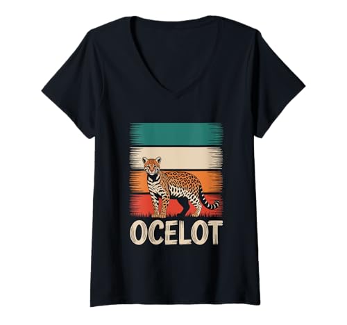 Damen Retro Vintage Ocelot Ocelots T-Shirt mit V-Ausschnitt von Ocelots Lover Gifts