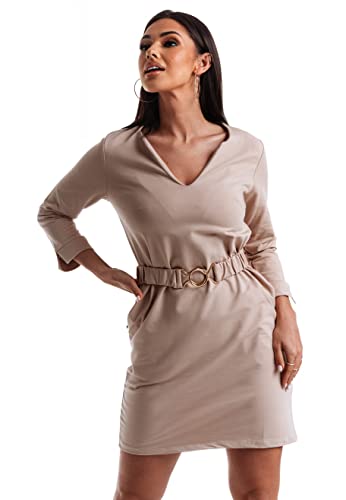 Och Bella Damenkleid Knielanges Baumwollkleid mit goldenem Schnallenriemen und tiefem Ausschnitt - lockere Passform mit Manschettenärmeln 7/8 Ärmel universelles Kleid, Beige M von Och Bella