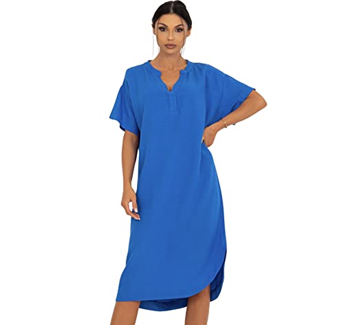 Och Bella Sommerliches Midikleid für Damen Leinenkleid Blaues Beiges Lässiges Kleid für warme Tage für viele Anlässe, Kleid mit kurzen Ärmeln, V-Ausschnitt luftiges Sommerkleid, Blau L von Och Bella