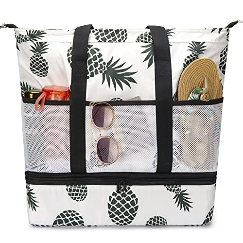 Octsky Strandtasche Damen Große Wasserdichte Strandtasche mit Kühler Strandtaschen Wasserdicht Sanddicht Top Reißverschluss Schwimmen Pool Tasche, #Ananas-1 (Ananas-, Large von OctSky