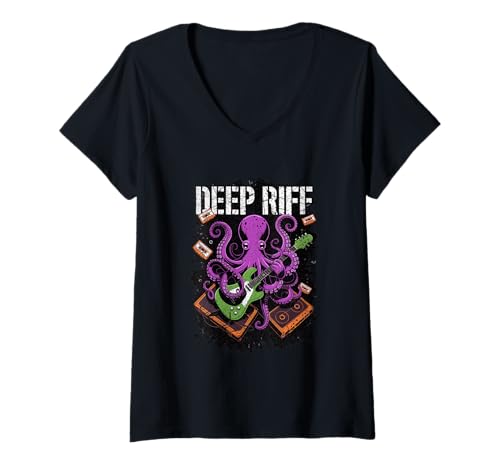 Damen Deep Riff Octopus spielt Gitarre Retro Musik Kassette T-Shirt mit V-Ausschnitt Damen Deep Riff Octopus spielt Gitarre Retro Musik Kassette T-Shirt mit V-Ausschnitt von OctoTune