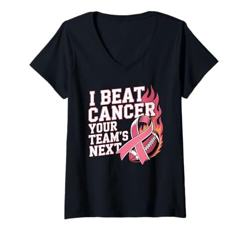 Damen Pinkes Band mit Aufschrift I Beat Cancer Your Team's Next Football T-Shirt mit V-Ausschnitt Damen Pinkes Band mit Aufschrift I Beat Cancer Your Team's Next Football T-Shirt mit V-Ausschnitt von October Breast Cancer Awareness Football