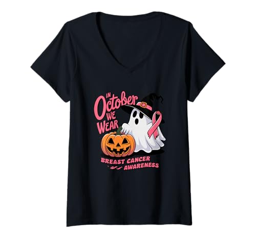 Damen Im Oktober tragen wir Brustkrebsbewusstsein T-Shirt mit V-Ausschnitt Damen Im Oktober tragen wir Brustkrebsbewusstsein T-Shirt mit V-Ausschnitt von October Breast Cancer Awareness Ghost Pumpkin