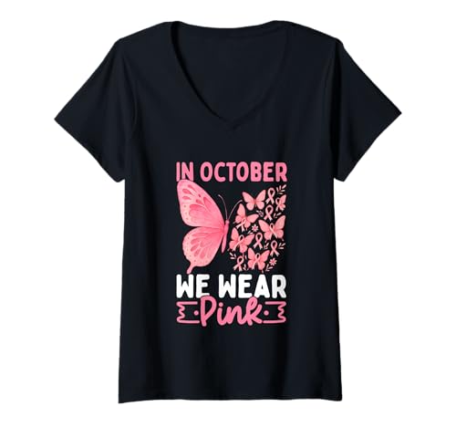 Damen Im Oktober tragen wir Pink Butterfly Awareness T-Shirt mit V-Ausschnitt Damen Im Oktober tragen wir Pink Butterfly Awareness T-Shirt mit V-Ausschnitt von October Breast Cancer Awareness Pink Butterfly