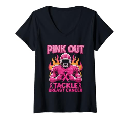 Damen Pink Out Tackle Brustkrebs-Fußball T-Shirt mit V-Ausschnitt Damen Pink Out Tackle Brustkrebs-Fußball T-Shirt mit V-Ausschnitt von October Breast Cancer Pink USA Football
