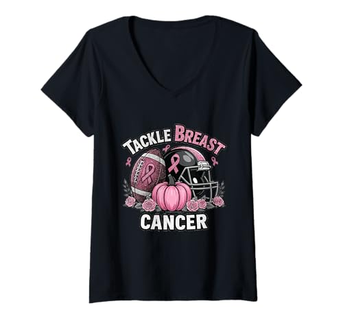 Damen Tackle Brustkrebs American Football Krebs Brust T-Shirt mit V-Ausschnitt Damen Tackle Brustkrebs American Football Krebs Brust T-Shirt mit V-Ausschnitt von October Breast Cancer Ribbon Football