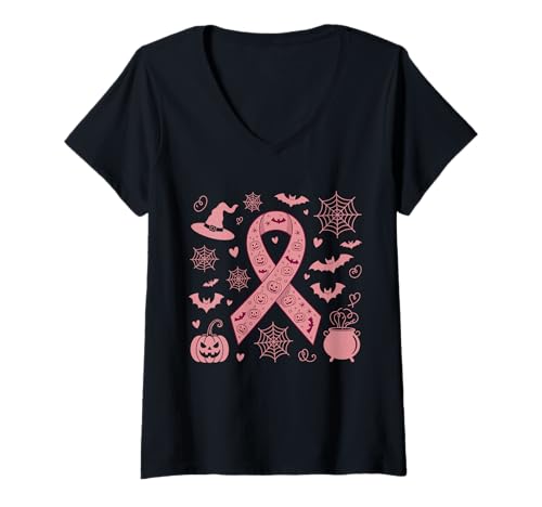 Damen Gruselige Pinke Schleifen Brustkrebsbewusstsein Oktober T-Shirt mit V-Ausschnitt Damen Gruselige Pinke Schleifen Brustkrebsbewusstsein Oktober T-Shirt mit V-Ausschnitt von October Cause Support Wear