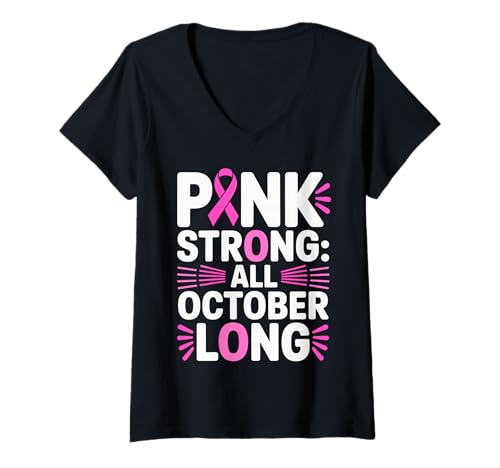 Damen Pink Starke Brustkrebs Bewusstheit Oktober Unterstützung T-Shirt mit V-Ausschnitt Damen Pink Starke Brustkrebs Bewusstheit Oktober Unterstützung T-Shirt mit V-Ausschnitt von October Pink Awareness Ribbon Survivor Collection