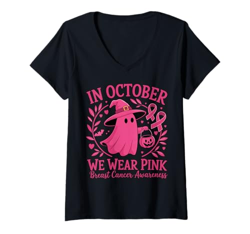 Damen In October We Wear Pink Breast Cancer Ghost Halloween T-Shirt mit V-Ausschnitt Damen In October We Wear Pink Breast Cancer Ghost Halloween T-Shirt mit V-Ausschnitt von October Pink Breast Cancer Awareness Month