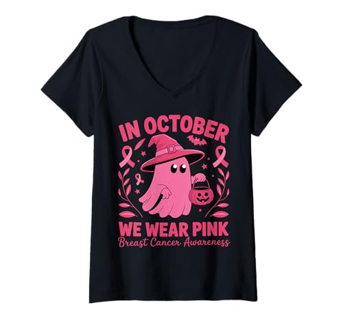 Damen In October We Wear Pink Breast Cancer Ghost Halloween T-Shirt mit V-Ausschnitt Damen In October We Wear Pink Breast Cancer Ghost Halloween T-Shirt mit V-Ausschnitt von October Pink Breast Cancer Awareness Month