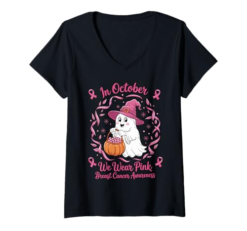 Damen In October We Wear Pink Breast Cancer Ghost Halloween T-Shirt mit V-Ausschnitt Damen In October We Wear Pink Breast Cancer Ghost Halloween T-Shirt mit V-Ausschnitt von October Pink Breast Cancer Awareness Month