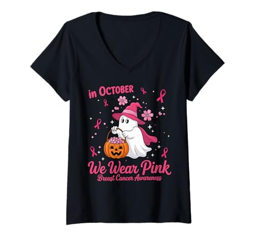 Damen In October We Wear Pink Breast Cancer Ghost Halloween T-Shirt mit V-Ausschnitt Damen In October We Wear Pink Breast Cancer Ghost Halloween T-Shirt mit V-Ausschnitt von October Pink Breast Cancer Awareness Month