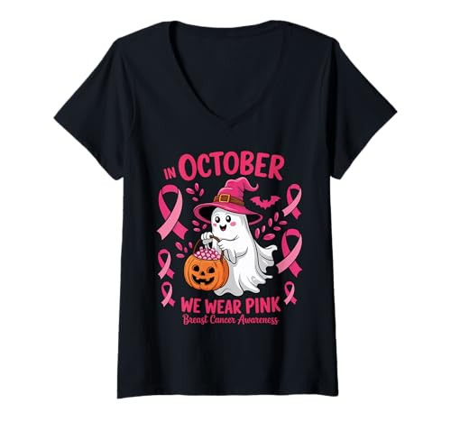 Damen In October We Wear Pink Breast Cancer Ghost Halloween T-Shirt mit V-Ausschnitt Damen In October We Wear Pink Breast Cancer Ghost Halloween T-Shirt mit V-Ausschnitt von October Pink Breast Cancer Awareness Month