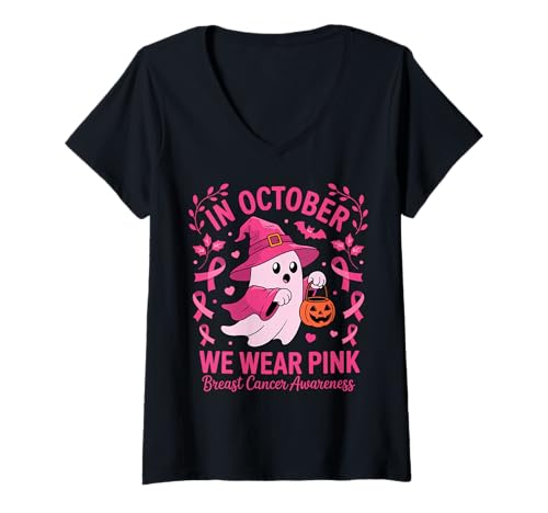Damen In October We Wear Pink Breast Cancer Ghost Halloween T-Shirt mit V-Ausschnitt Damen In October We Wear Pink Breast Cancer Ghost Halloween T-Shirt mit V-Ausschnitt von October Pink Breast Cancer Awareness Month