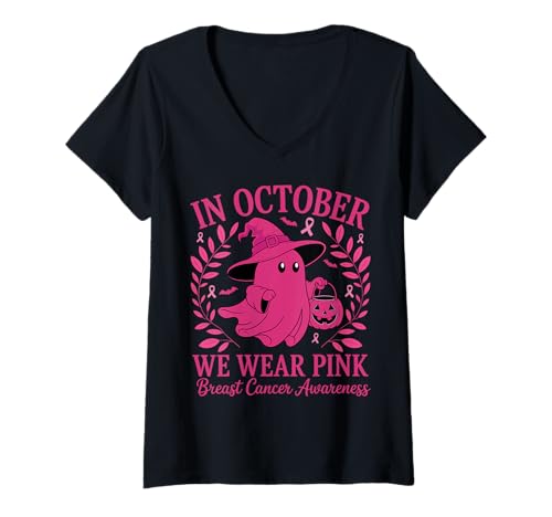 Damen In October We Wear Pink Breast Cancer Ghost Halloween T-Shirt mit V-Ausschnitt Damen In October We Wear Pink Breast Cancer Ghost Halloween T-Shirt mit V-Ausschnitt von October Pink Breast Cancer Awareness Month