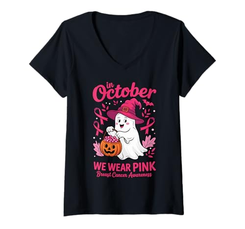 Damen In October We Wear Pink Breast Cancer Ghost Halloween T-Shirt mit V-Ausschnitt von October Pink Breast Cancer Awareness Month