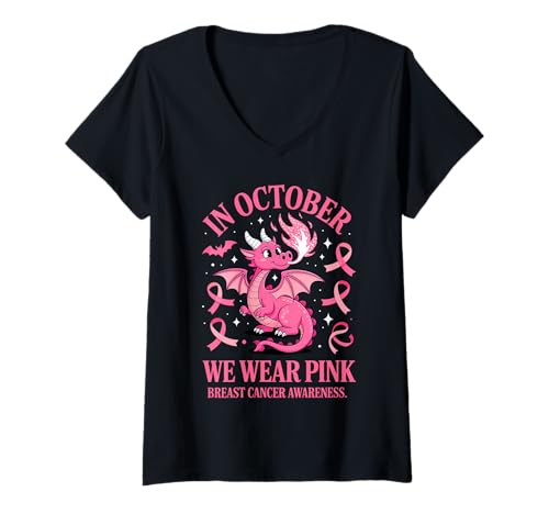 Damen Im Oktober tragen wir rosa Brustkrebs T-Shirt mit V-Ausschnitt Damen Im Oktober tragen wir rosa Brustkrebs T-Shirt mit V-Ausschnitt von October Pink Dragon Support Awareness