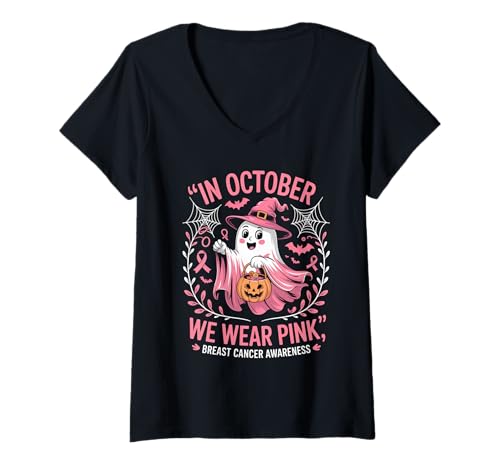 Damen Im Oktober tragen wir rosa Oktober Awareness Ghost Halloween T-Shirt mit V-Ausschnitt von October Pink Ghost Breast Cancer Support