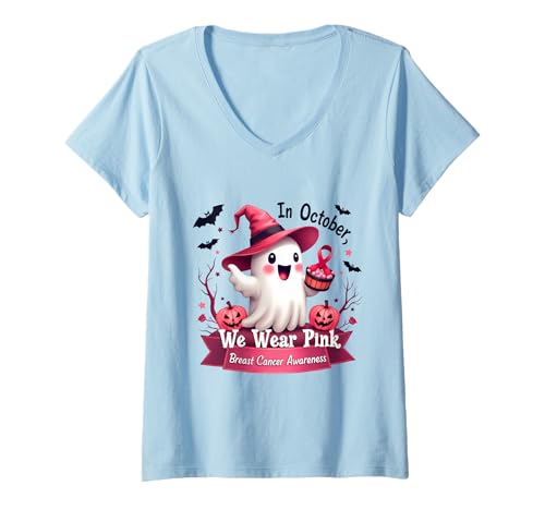 Damen Im Oktober tragen wir rosa Brustkrebs-Bewusstsein Halloween T-Shirt mit V-Ausschnitt Damen Im Oktober tragen wir rosa Brustkrebs-Bewusstsein Halloween T-Shirt mit V-Ausschnitt von October Pink Ghost Halloween Breast Cancer Aware