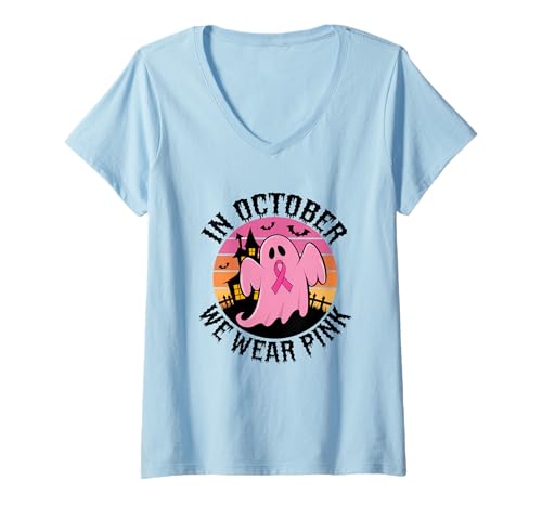 Damen Im Oktober tragen wir Pink Ghostly Awareness T-Shirt mit V-Ausschnitt Damen Im Oktober tragen wir Pink Ghostly Awareness T-Shirt mit V-Ausschnitt von October Pink Halloween Awareness Support