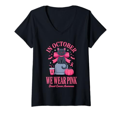 Damen Im Oktober tragen wir Pink Breast Cancer Awareness T-Shirt mit V-Ausschnitt von October Pink Ribbon Awareness Cat