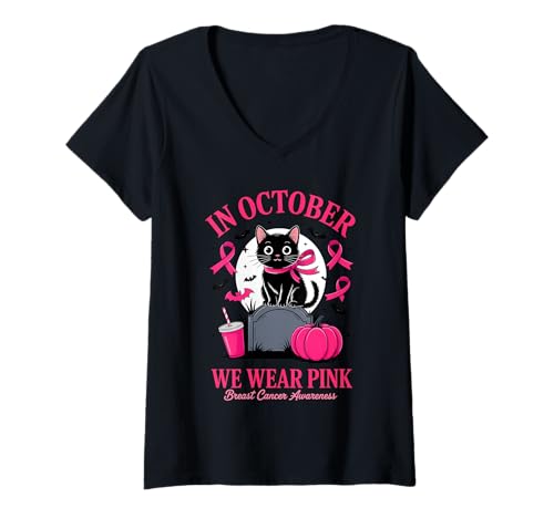 Damen Im Oktober tragen wir Pink Breast Cancer Awareness T-Shirt mit V-Ausschnitt Damen Im Oktober tragen wir Pink Breast Cancer Awareness T-Shirt mit V-Ausschnitt von October Pink Ribbon Support Feline