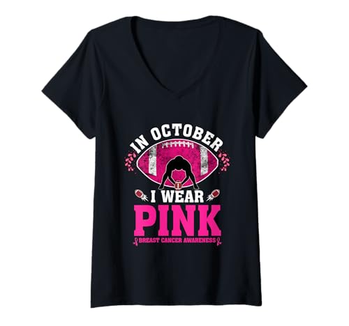 Damen Tragen Sie im Oktober rosa Fußballspieler Brustkrebs-Bewusstsein T-Shirt mit V-Ausschnitt Damen Tragen Sie im Oktober rosa Fußballspieler Brustkrebs-Bewusstsein T-Shirt mit V-Ausschnitt von October Pink Ribbon Support Squad Apparel By Mj