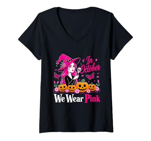 Damen Im Oktober tragen wir Pink Brustkrebs Hexe Halloween T-Shirt mit V-Ausschnitt Damen Im Oktober tragen wir Pink Brustkrebs Hexe Halloween T-Shirt mit V-Ausschnitt von October Pink Witch Awareness Collection