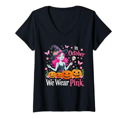 Damen Im Oktober tragen wir Pink Brustkrebs Hexe Halloween T-Shirt mit V-Ausschnitt Damen Im Oktober tragen wir Pink Brustkrebs Hexe Halloween T-Shirt mit V-Ausschnitt von October Pink Witch Awareness Collection