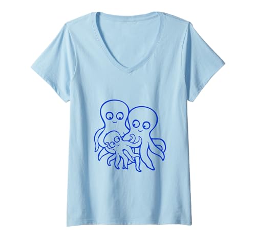 Damen krake Mama Papa EIN Kind Baby Mutter Vater Familie schwanger T-Shirt mit V-Ausschnitt von Octopus Calamari Squid Tentacle Kraken Animal Fun