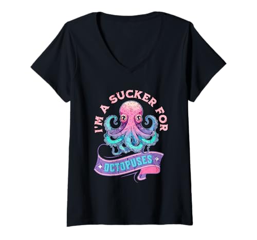 Damen Lustiger Oktopus-Liebhaber, niedlicher Oktopi I Am A Sucker for Octopuses T-Shirt mit V-Ausschnitt Damen Lustiger Oktopus-Liebhaber, niedlicher Oktopi I Am A Sucker for Octopuses T-Shirt mit V-Ausschnitt von Octopus Gifts For Sea Animal Lovers
