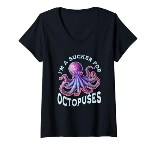 Damen Lustiger Oktopus-Liebhaber, niedlicher Oktopi I Am A Sucker for Octopuses T-Shirt mit V-Ausschnitt Damen Lustiger Oktopus-Liebhaber, niedlicher Oktopi I Am A Sucker for Octopuses T-Shirt mit V-Ausschnitt von Octopus Gifts For Sea Animal Lovers