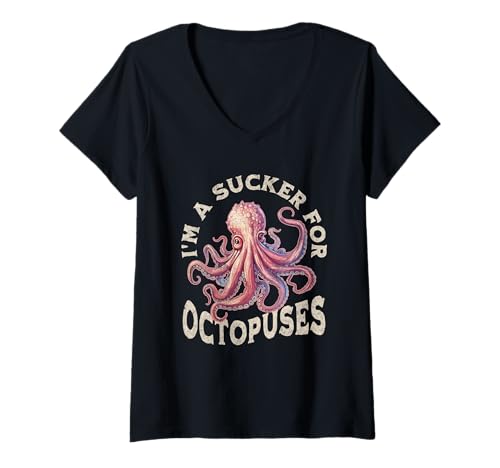 Damen Lustiger Oktopus-Liebhaber, niedlicher Oktopi I Am A Sucker for Octopuses T-Shirt mit V-Ausschnitt Damen Lustiger Oktopus-Liebhaber, niedlicher Oktopi I Am A Sucker for Octopuses T-Shirt mit V-Ausschnitt von Octopus Gifts For Sea Animal Lovers
